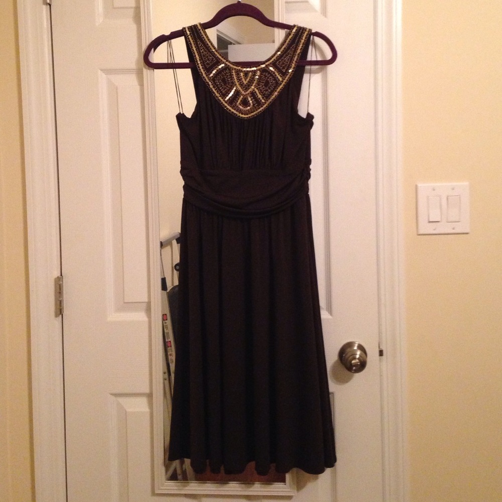 Maggy London Brown Dress with Gold Beaded Neckline